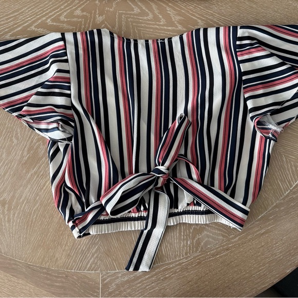 Aqua Bloomingdale’s Navy/Pink/Blk Striped Wrap Blouse Sz S - Picture 2 of 2